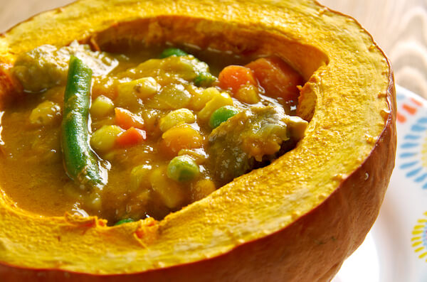 Argentine Carbonada is stew filled in a holed out pumpkin