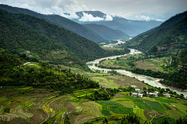 Bhutan mountain landscape with rice fields