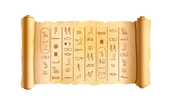 Hieroglyphics (Old Egyptian writing) on a papyrus scroll