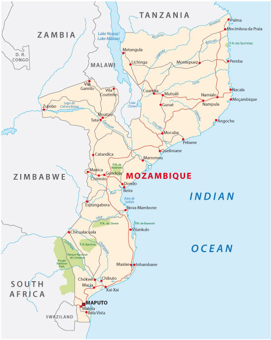 Map of Mozambique and neighbouring countries