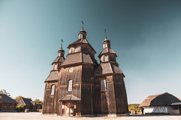 Wooden church in the medieval village on Khortytsia Island