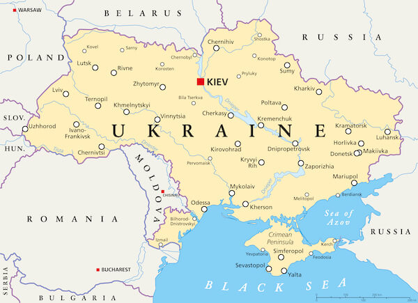Ukraine map - including the Russian occupied areas: Crimea, Donetsk and Luhansk in eastern Ukraine