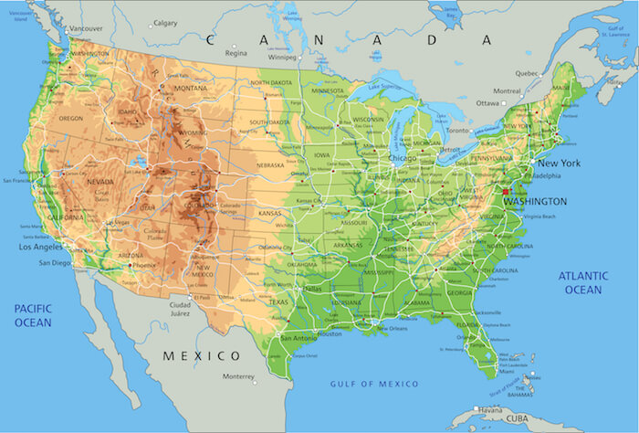 Physical map of USA