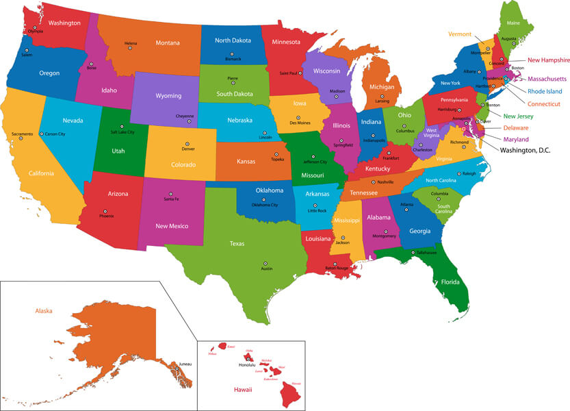 The United States of America - 50 states in colour map
