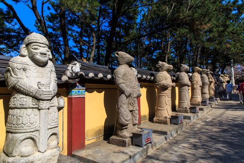 Busan temple in Korea with animal statues