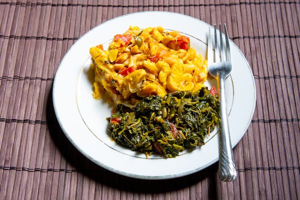 Jamaican traditional dish 'Ackee and saltfish' and callaloo