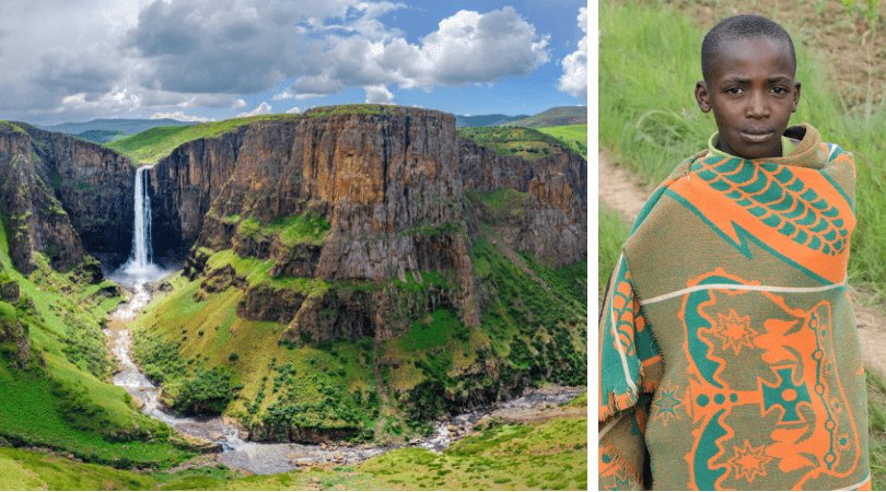 Lesotho facts for kids: Waterfalls and Blanket boy - images by MBrand85 and GilK/shutterstock.com