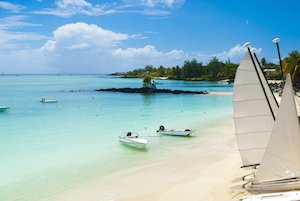 Indian Ocean islands white beach with catamarans
