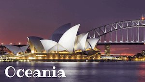 Oceania Facts: Sydney Opera House in purple night sky