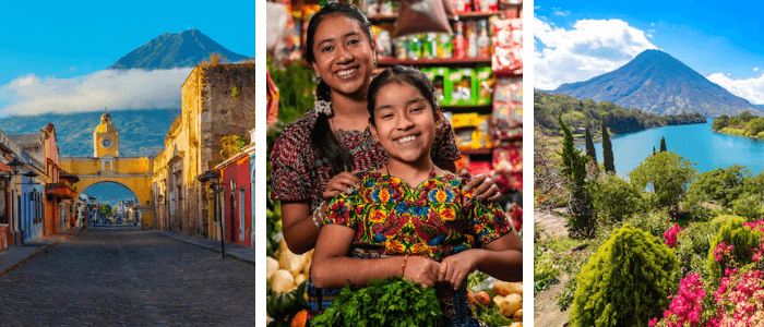 Guatemala Facts for Kids - images Antigua, smiling Guatemalans, Lake Atitlan - from shutterstock.com