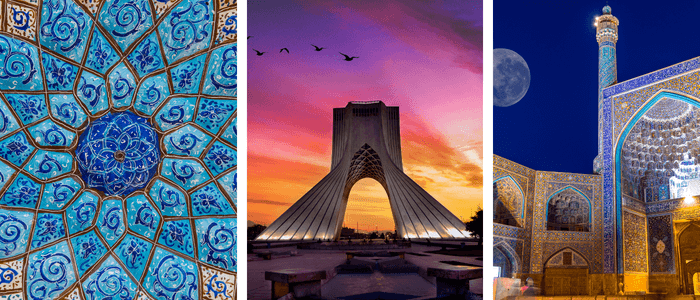 Iran images header: Islamic pattern, Freedom Monument, mosque by CanvaPro